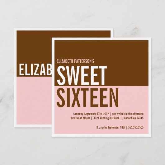 Vette moderne roze en bruine zoete zestien uitnodi kaart (Voorkant / Achterkant)