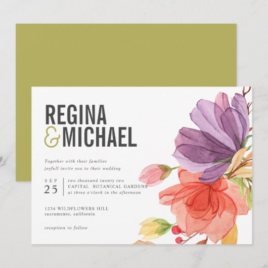 Vette moderne Waterverf Wildbloemen groene bruilof Kaart (Voorkant / Achterkant)