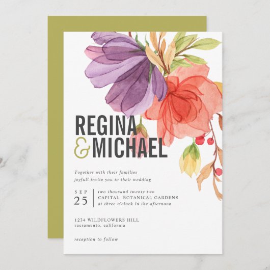 Vette moderne Waterverf Wildbloemen Groene bruilof Kaart (Voorkant / Achterkant)