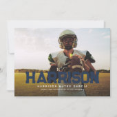 Vette naam afstuderen atleet foto blauw afstudeerd kaart (Voorkant)