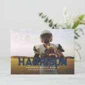 Vette naam afstuderen atleet foto blauw afstudeerd kaart (Staand voorkant)