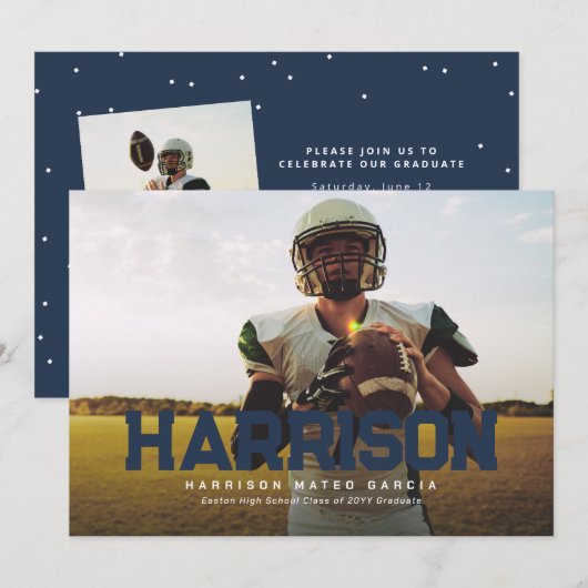 Vette naam afstuderen atleet foto blauw afstudeerd kaart (Voorkant / Achterkant)