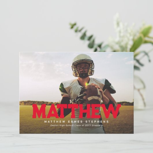 Vette naam afstuderen atleet foto rood afstuderen kaart (Staand voorkant)