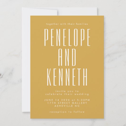 Vette namen Retro Typografie Saffron Yellow Wedden Kaart (Voorkant)