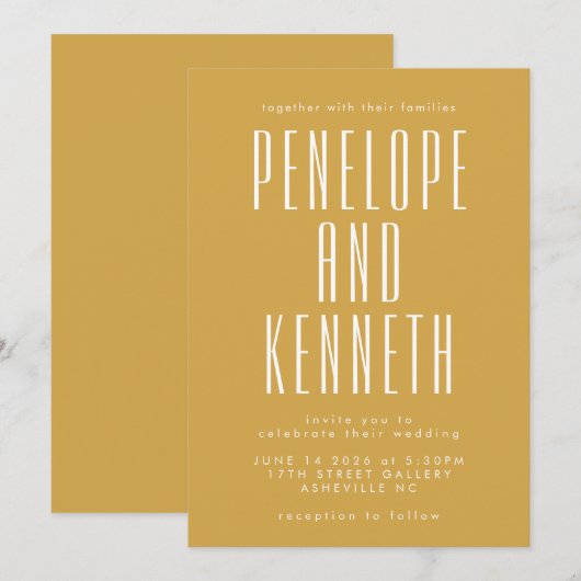 Vette namen Retro Typografie Saffron Yellow Wedden Kaart (Voorkant / Achterkant)