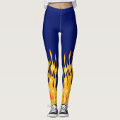 Vette oranje gele vuurvlammen op blauw leggings (Voorkant)