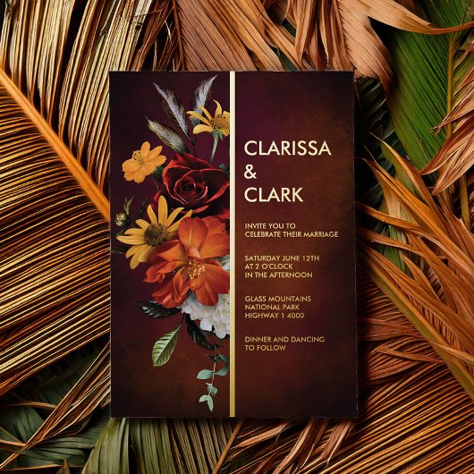 Vette Oranje Herfst van de Rust Floral Modern Wedd Folie Uitnodiging