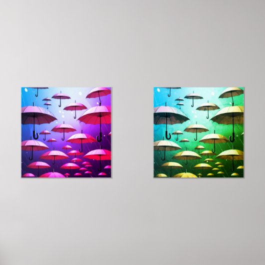 Vette paraplu's, Regen, Roze & Blauw Muurkunst Sets (Voorkant)