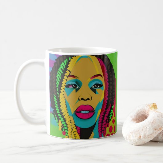 Vette Pop Art-Afrikaans-Amerikaanse vrouw met een  Koffiemok (Met donut)