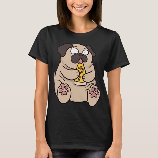 Vette Pug Hond Eet Pizza Grappige Comic Stijl hand T-shirt (Voorkant)