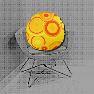 vette retro cirkels - geel&oranje rond kussen