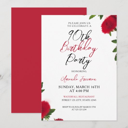 Vette Rode Bloemen Vrouwelijke 90ste Verjaardag Kaart (Voorkant / Achterkant)