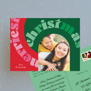 Vette rode groene typografie ovaal één foto kerst feestdagenkaart