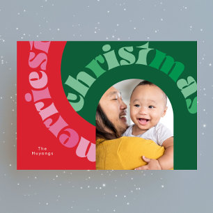 Vette rode groene typografie ovaal één foto kerst feestdagenkaart