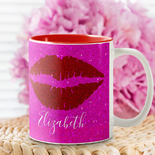 Vette rode lippen op Hot Pink Glitter Custom Name  Tweekleurige Koffiemok