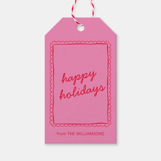 Vette Roze Rode Whimsical Rand Zalig Kerstfeest Cadeaulabel (Voorkant)