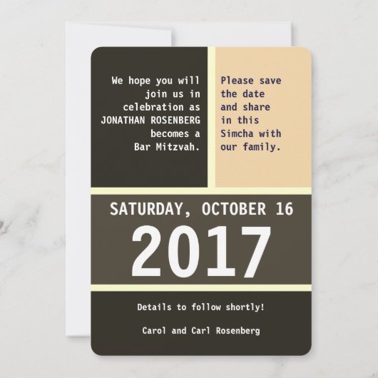 Vette ster van David Bar Mitswa Save the Date (Achterkant)