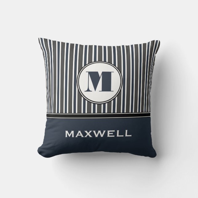Vette stripes Blue Grey Monogram op maat Kussen (Voorkant)