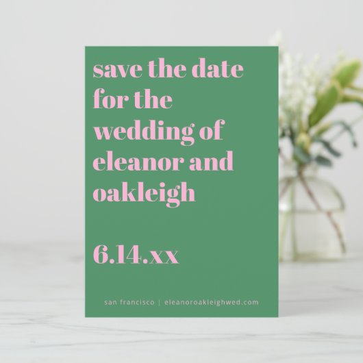 Vette typografie roze groene moderne trouw save the date (Staand voorkant)