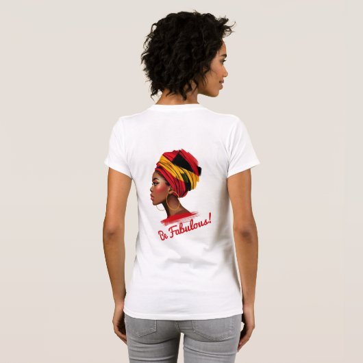 Vette vrouw in levendige headwrap t-shirt (Achterkant volledig)