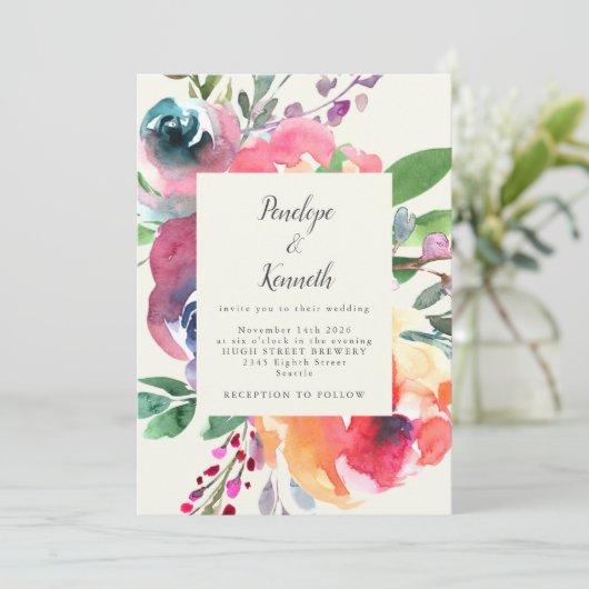 Vette Waterverf Floral Elegant Script Weddenschap Kaart (Staand voorkant)