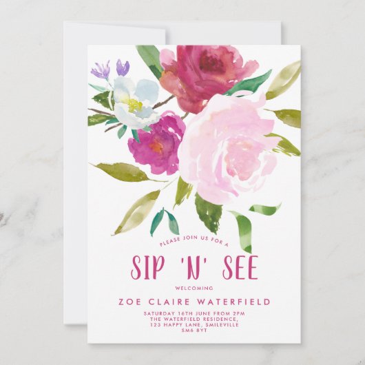Vette Waterverf Floral Sip "n" Zie uitnodiging (Voorkant)