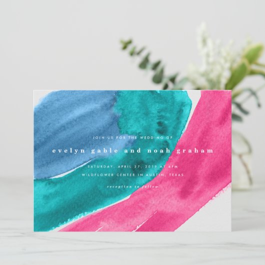 Vette Waterverf Hot Pink bruiloft uitnodiging (Staand voorkant)