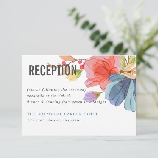 Vette Waterverf Wildbloemen Blauwe bruiloft Kaart (Staand voorkant)