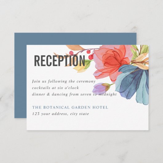 Vette Waterverf Wildbloemen Blauwe bruiloft Kaart (Voorkant / Achterkant)