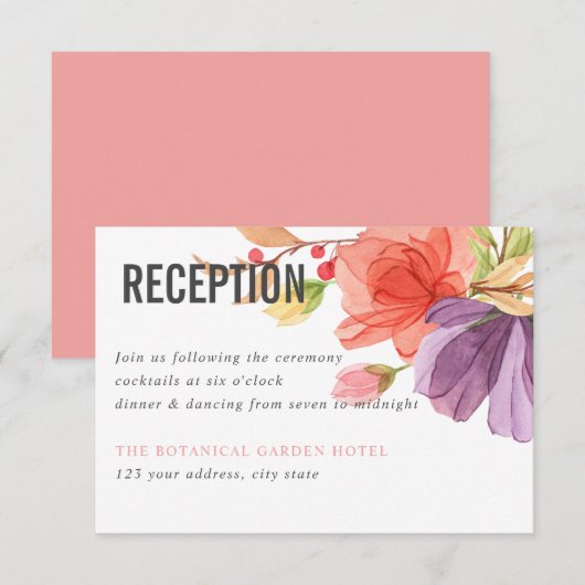 Vette Waterverf Wildbloemen PINK bruiloft Receptie Kaart (Voorkant / Achterkant)