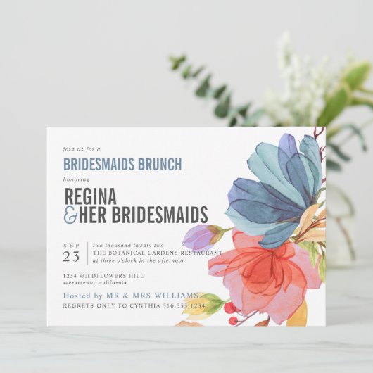 Vette wilde bloemen Blauwe bruidsmaiden Brunch Lun Kaart (Staand voorkant)