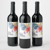 Vette wilde bloemen Blauwe Monogram Weddenschap Wijn Etiket (Flessen)