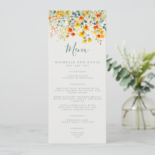 Vette zomer bloemenbruiloft menu (Staand voorkant)