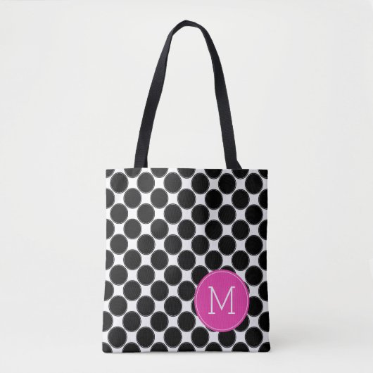 Vette zwarte en witte pooldots met roze monogram tote bag (Voorkant)