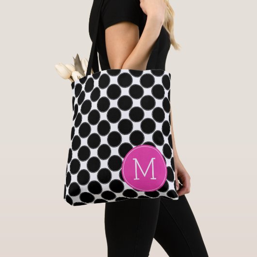 Vette zwarte en witte pooldots met roze monogram tote bag (Dichtbij)