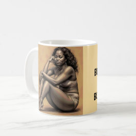 Vette zwarte koffie en zwarte schoonheid koffiemok