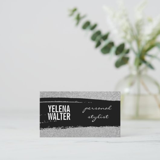 Vettekst / Zwarte geborstelde glitter / (zilver) Visitekaartje (Staand voorkant)