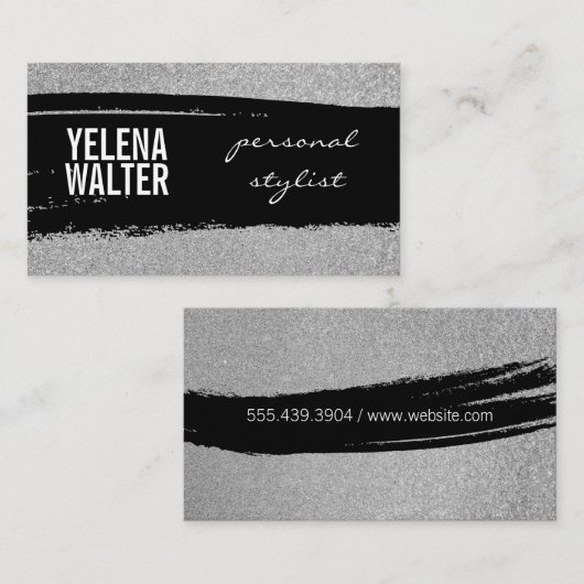 Vettekst / Zwarte geborstelde glitter / (zilver) Visitekaartje (Voorkant / Achterkant)
