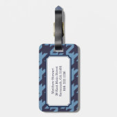 Vettige moderne marinesblauwe houndstooth met mono bagagelabel (Achterkant verticaal)