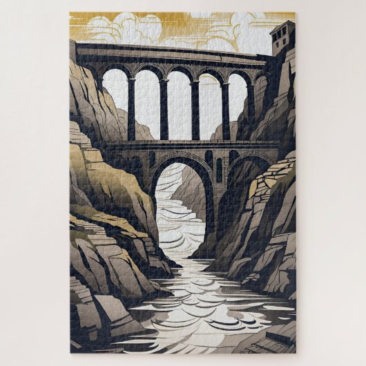 viaduct brug waterlijn bergen landschap legpuzzel (Verticaal)