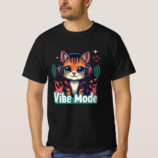 Vibe Mode" Cute Cartoon Cat T-Shirt | (Voorkant)