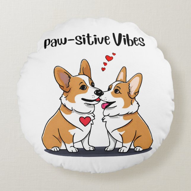 Vibes Corgis in Love Rond Kussen (Voorkant)