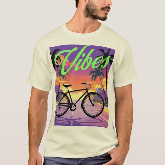 "Vibes" Retro Fiets Sunset City T-shirt (Voorkant)