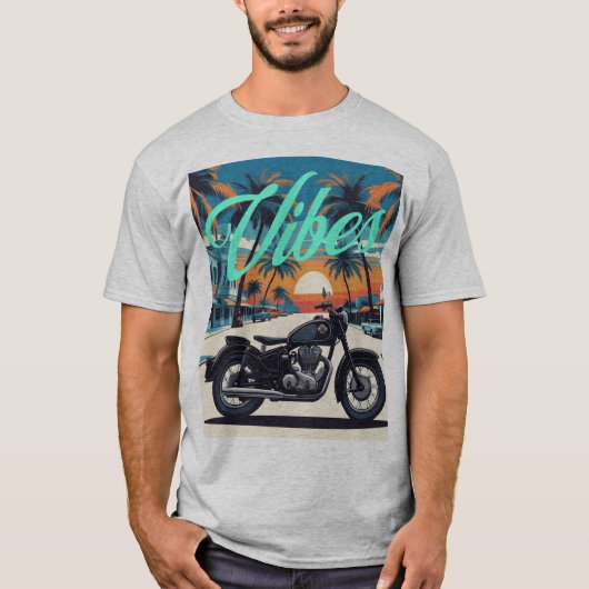 "Vibes" Retro motorfiets Sunset Street T-shirt (Voorkant)