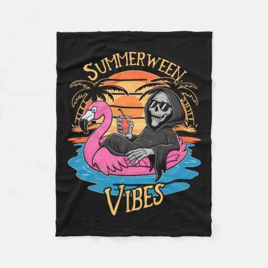 Vibes Skeleton Flamingo Spooky Halloween Zomer Fleece Deken (Voorkant)