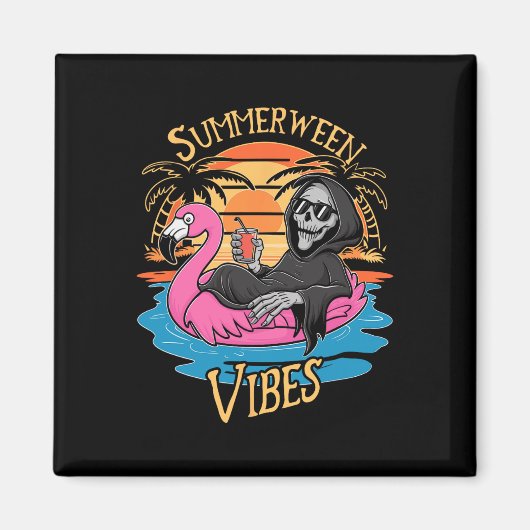 Vibes Skeleton Flamingo Spooky Halloween Zomer Magneet (Voorkant)