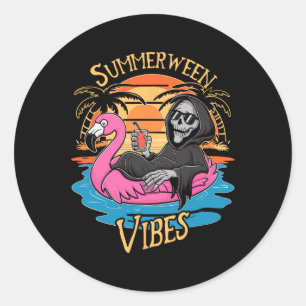 Vibes Skeleton Flamingo Spooky Halloween Zomer Ronde Sticker