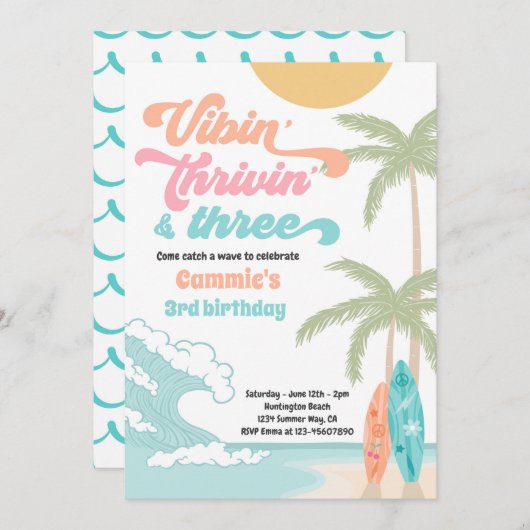 Vibin' Thrivin' en Three Retro Surf Beach Birthday Kaart (Voorkant / Achterkant)