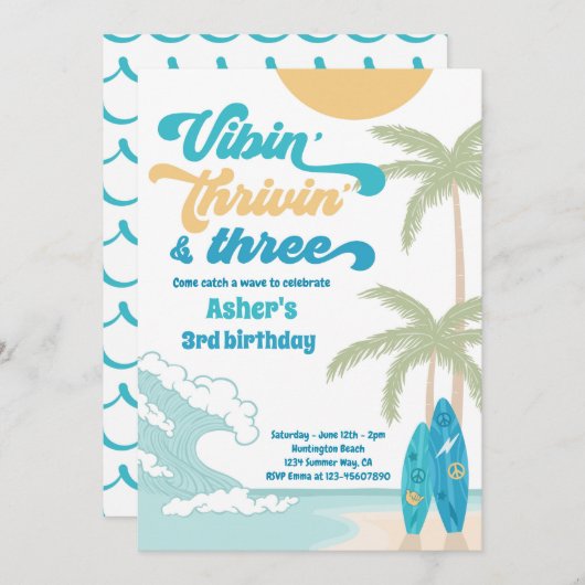 Vibin' Thrivin' en Three Retro Surf Beach Birthday Kaart (Voorkant / Achterkant)