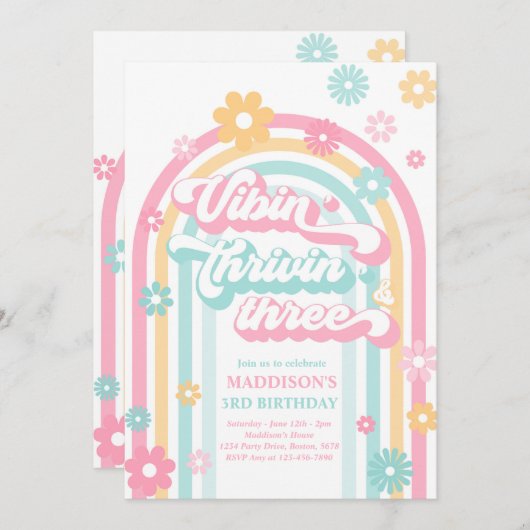 Vibin' Thrivin' Three Boho Daisy Rainbow Birthday Kaart (Voorkant / Achterkant)